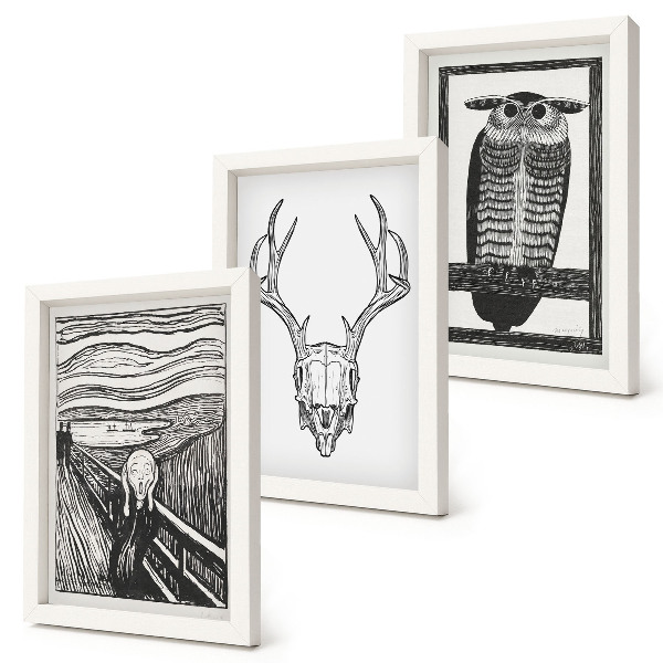 Moderne billedsæt Inspireret af Scream-billedet med et kranium og en ugle i grafisk stil