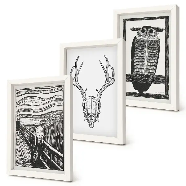 Moderne billedsæt inspireret af Scream med kranium og ugle i grafisk stil