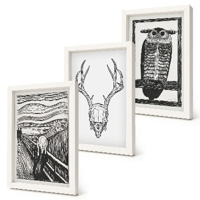 Moderne billedsæt Inspireret af Scream-billedet med et kranium og en ugle i grafisk stil