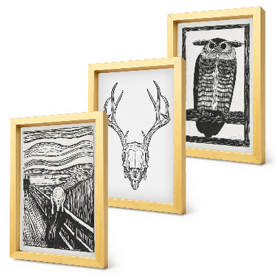 Moderne billedsæt Inspireret af Scream-billedet med et kranium og en ugle i grafisk stil
