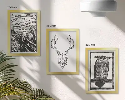 Moderne billedsæt inspireret af Scream med kranium og ugle i grafisk stil