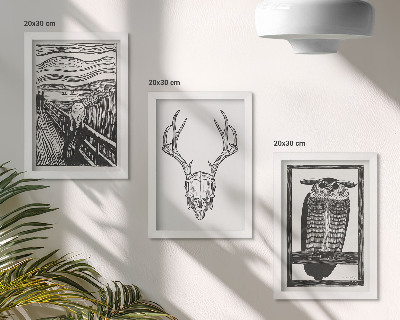 Moderne billedsæt Inspireret af Scream-billedet med et kranium og en ugle i grafisk stil