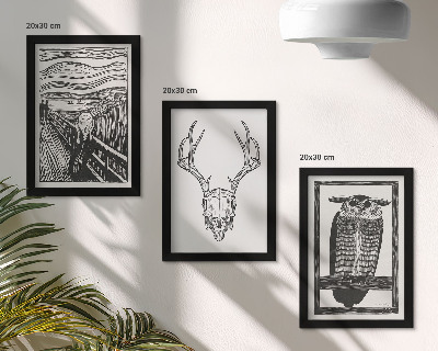 Moderne billedsæt Inspireret af Scream-billedet med et kranium og en ugle i grafisk stil