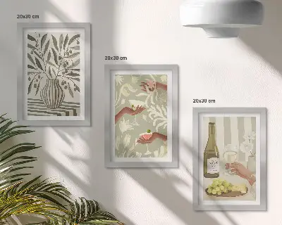 Billedvæg med motiv af olivenblomster og rustikke cocktails
