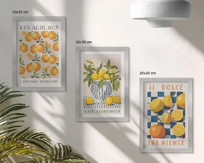 Moderne billedsæt med retro citrusfrugter og gule accenter
