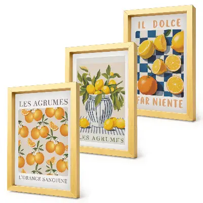 Moderne billedsæt med retro citrusfrugter og gule accenter