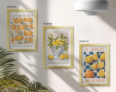 Moderne billedsæt med retro citrusfrugter og gule accenter