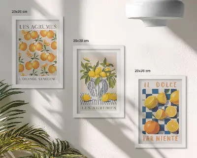 Moderne billedsæt med retro citrusfrugter og gule accenter