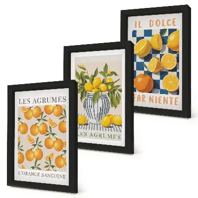 Moderne billedsæt med retro citrusfrugter og gule accenter