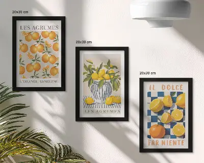 Moderne billedsæt med retro citrusfrugter og gule accenter
