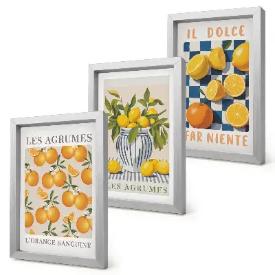 Moderne billedsæt med retro citrusfrugter og gule accenter