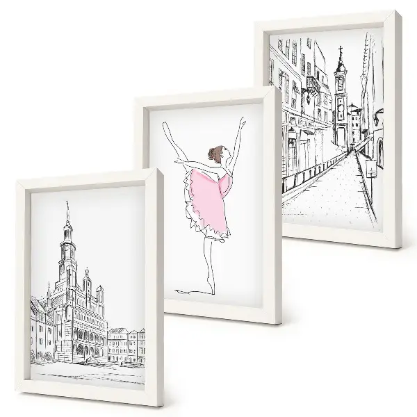 Billedvæg med stilfulde motiver af dansende ballerinaer og arkitektur