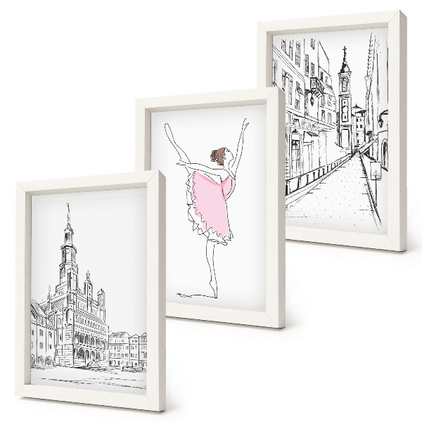 Billedvæg Stilfulde billeder af dansende ballerinaer og arkitektur