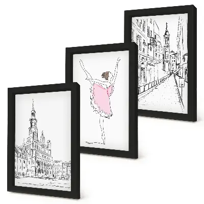 Billedvæg med stilfulde motiver af dansende ballerinaer og arkitektur