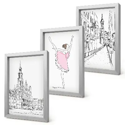 Billedvæg med stilfulde motiver af dansende ballerinaer og arkitektur