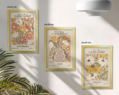 Billedvæg med blomstermønstre fra Amsterdam, Paris og London