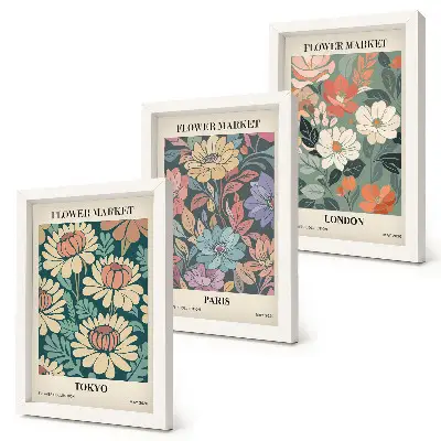 Billedvæg med blomsterplakater fra Tokyo Paris og London