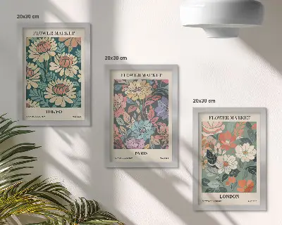 Billedvæg med blomsterplakater fra Tokyo Paris og London