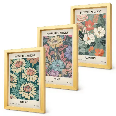 Billedvæg med blomsterplakater fra Tokyo Paris og London