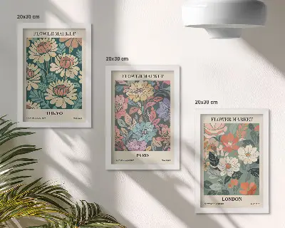 Billedvæg med blomsterplakater fra Tokyo Paris og London