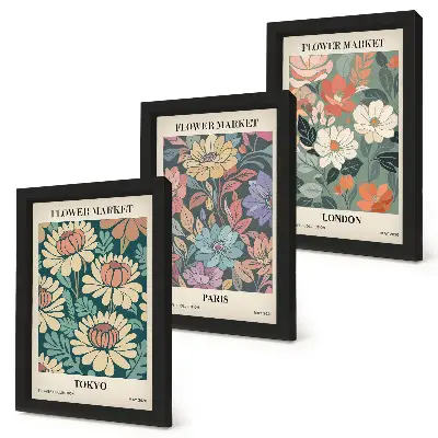 Billedvæg med blomsterplakater fra Tokyo Paris og London