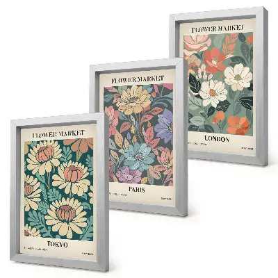 Billedvæg med blomsterplakater fra Tokyo Paris og London