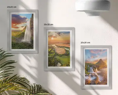 Billeder og rammer med naturmotiver af vandfald, bjerglandskaber og solnedgange
