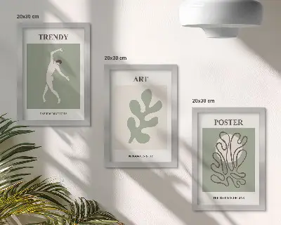 Billedvæg med abstrakte figurer og plantemotiver i dæmpede farver