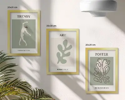Billedvæg med abstrakte figurer og plantemotiver i dæmpede farver