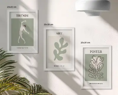Billedvæg med abstrakte figurer og plantemotiver i dæmpede farver