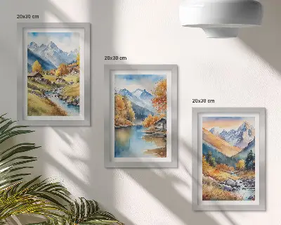 Billedvæg med motiv af malede efterårsbjerge, flod og hytter