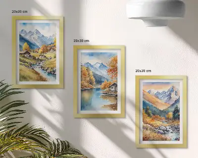 Billedvæg med motiv af malede efterårsbjerge, flod og hytter