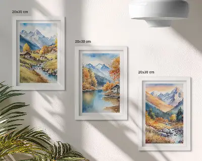 Billedvæg med motiv af malede efterårsbjerge, flod og hytter