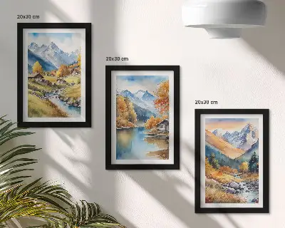 Billedvæg med motiv af malede efterårsbjerge, flod og hytter