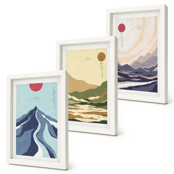 Billedvæg med bjerge i pastelfarver i japandi-stil