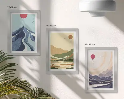 Billedvæg med bjerge i pastelfarver i japandi-stil