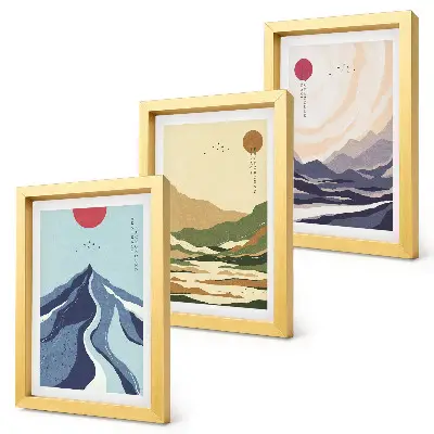 Billedvæg med bjerge i pastelfarver i japandi-stil