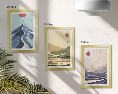 Billedvæg med bjerge i pastelfarver i japandi-stil