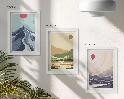 Billedvæg med bjerge i pastelfarver i japandi-stil