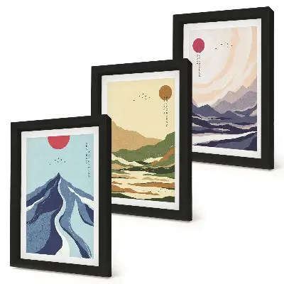 Billedvæg med bjerge i pastelfarver i japandi-stil
