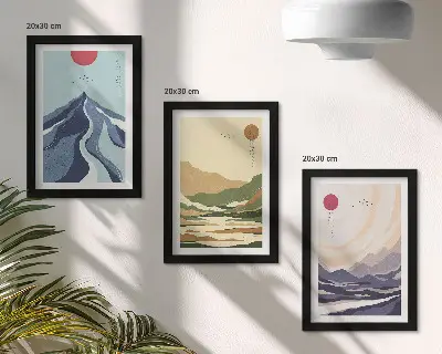 Billedvæg med bjerge i pastelfarver i japandi-stil