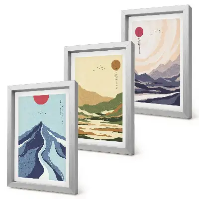 Billedvæg med bjerge i pastelfarver i japandi-stil