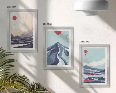 Abstrakte bjerglandskaber i japansk stil pakke med billeder og rammer