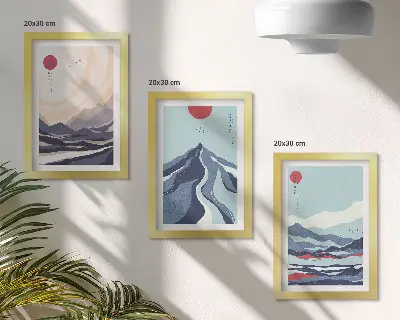 Abstrakte bjerglandskaber i japansk stil pakke med billeder og rammer