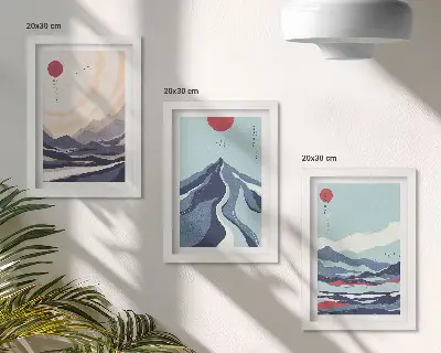 Abstrakte bjerglandskaber i japansk stil pakke med billeder og rammer