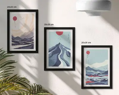 Abstrakte bjerglandskaber i japansk stil pakke med billeder og rammer