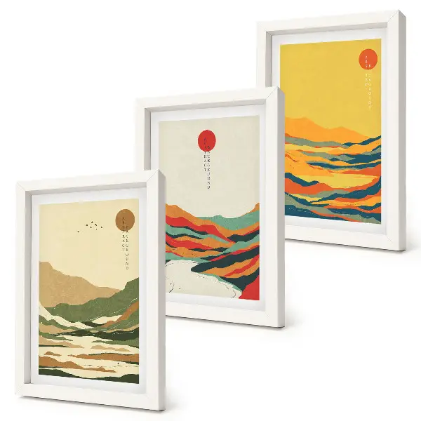 Billedvæg med farverige mønstre af bjerge og floder i Japandi-stil