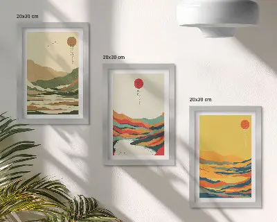 Billedvæg med farverige mønstre af bjerge og floder i Japandi-stil
