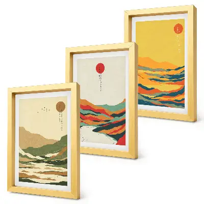 Billedvæg med farverige mønstre af bjerge og floder i Japandi-stil