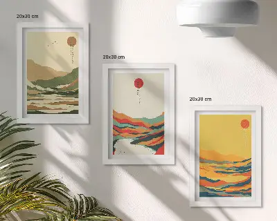Billedvæg med farverige mønstre af bjerge og floder i Japandi-stil